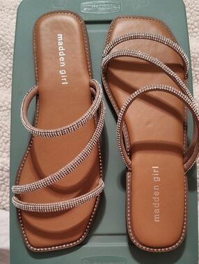 Madden Girl Tan Rhinestone Strappy Slide Sandals